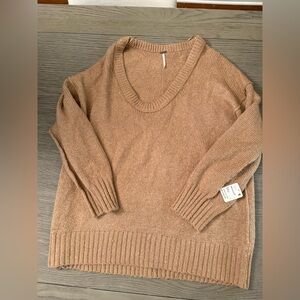 Free People Tan V-Neck Sweater M $120 Retail